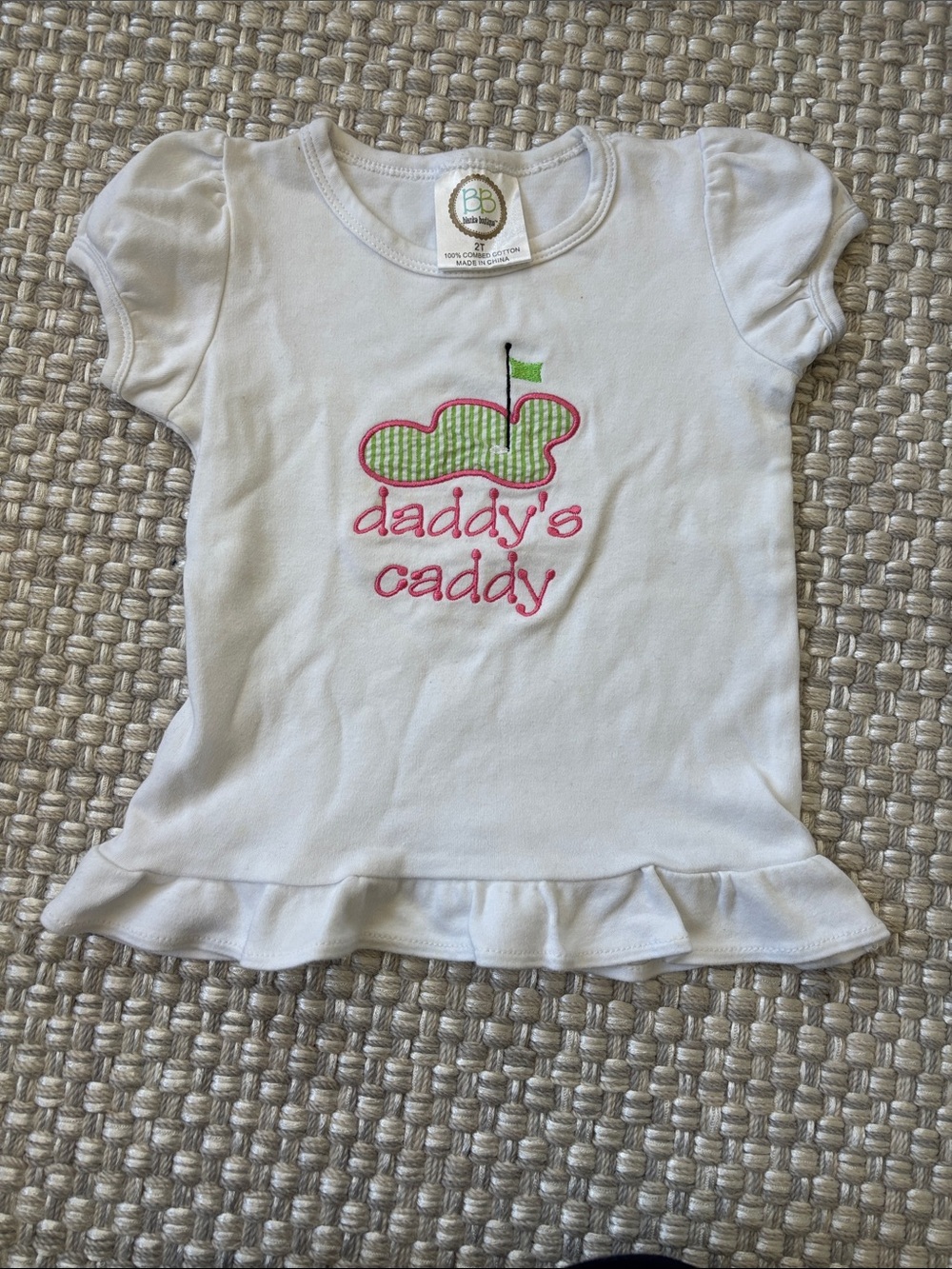 White Girls 'Daddy's Caddy' Tee with Pink Embroidery & Green Motif